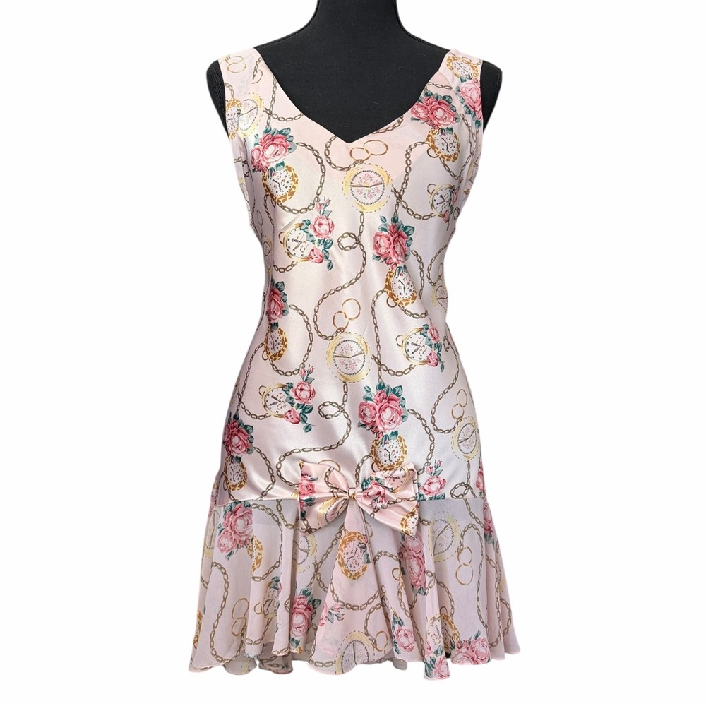 Cacique Lingerie Satin Slip Dress Pink Rose Pocket Watch Print Bow Drop Waist L